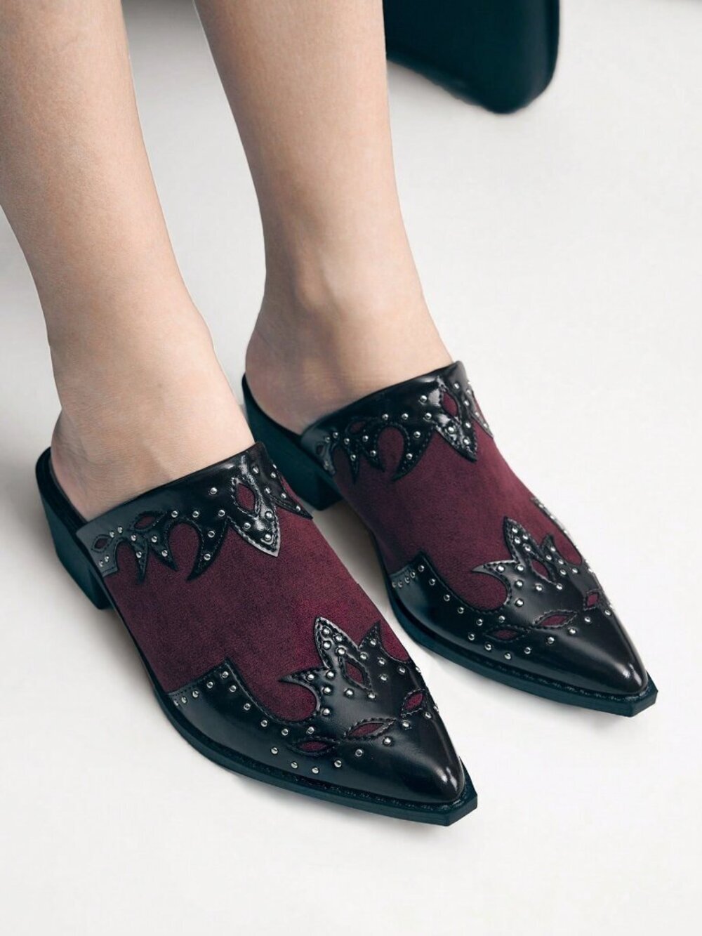 Burgundy Casual Women's Western Textured Patchwork Heeled Mules